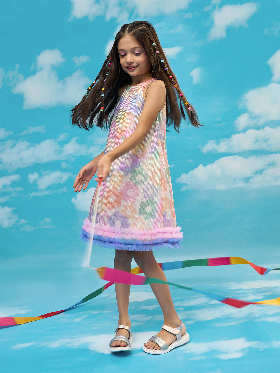 Rainbow Girls Multi Color Flower Pleating Party Dress