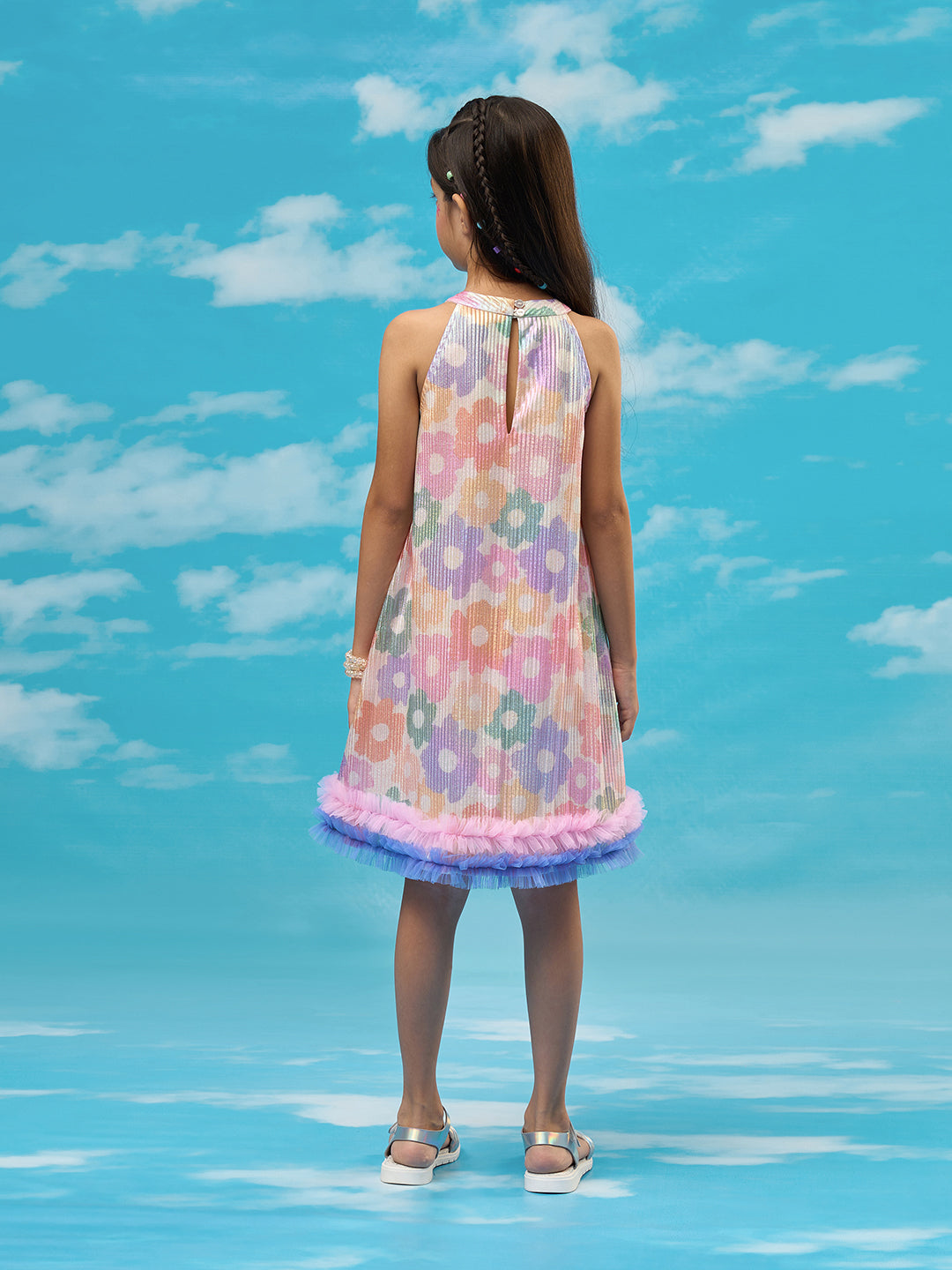 Rainbow Girls Multi Color Flower Pleating Party Dress