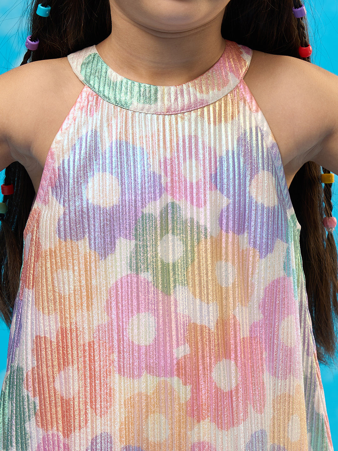 Rainbow Girls Multi Color Flower Pleating Party Dress