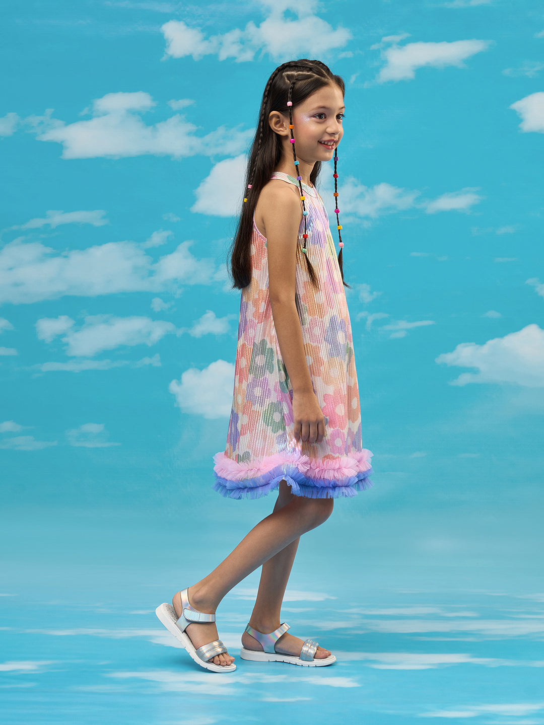 Rainbow Girls Multi Color Flower Pleating Party Dress