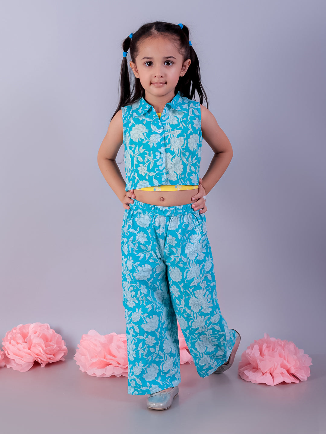 Jaipur Girls Blue Printed Top with Printed Pant Girls Co-ordinate set
