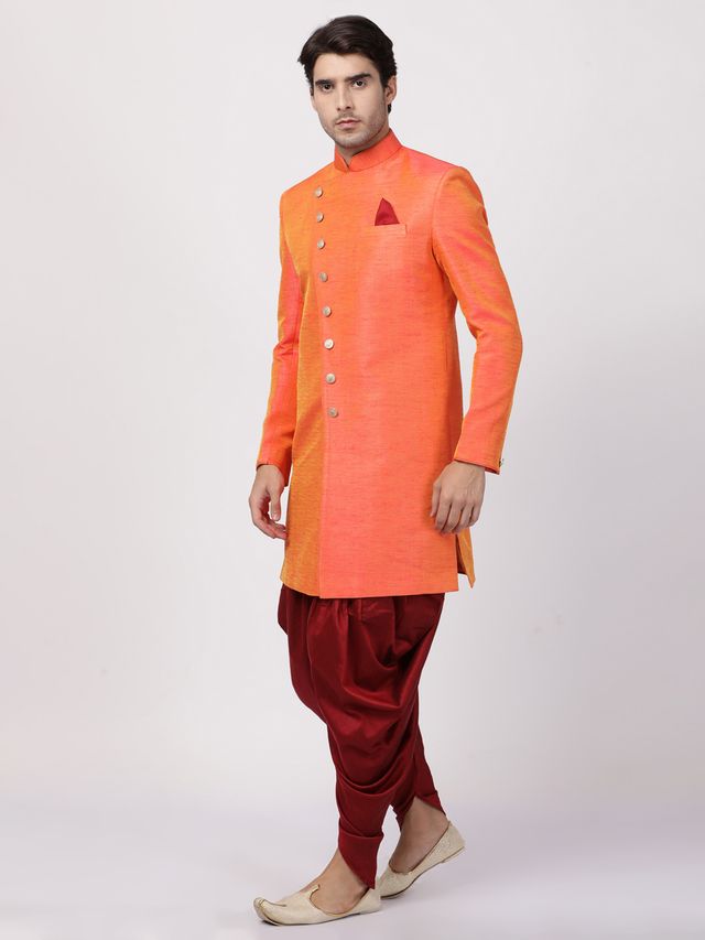 Men's Orange Silk Blend Straight Sherwani Set