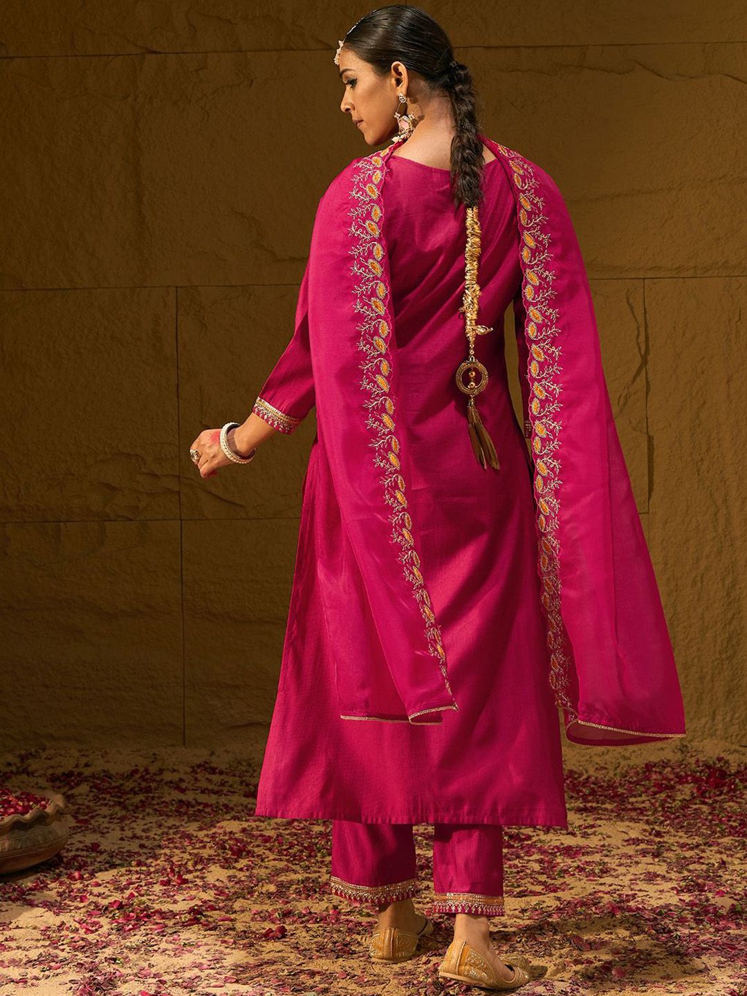 Dhiyona IE Ethnic Motifs Embroidered Sequinned Liva Straight Kurta With Trousers & Dupatta