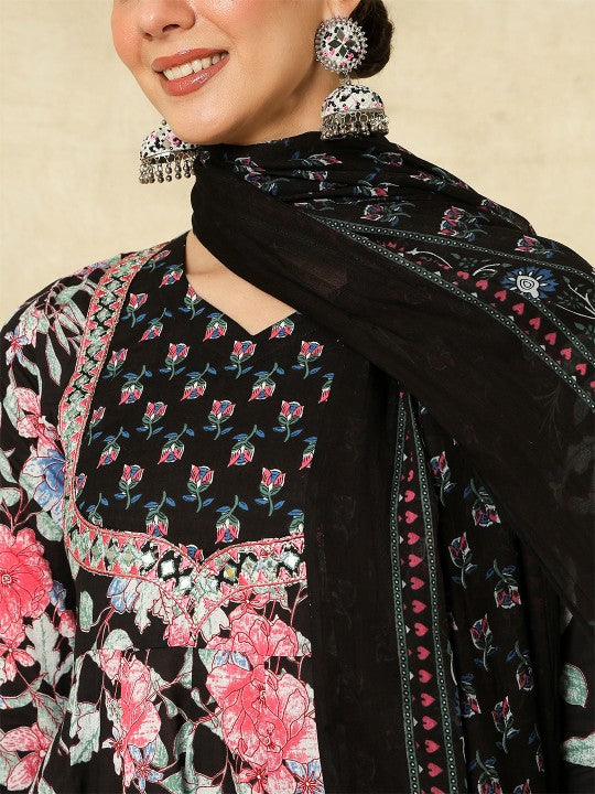 Women's Floral Printed V-Neck Anarkali Pure Cotton Kurta With Palazzos And Dupatta