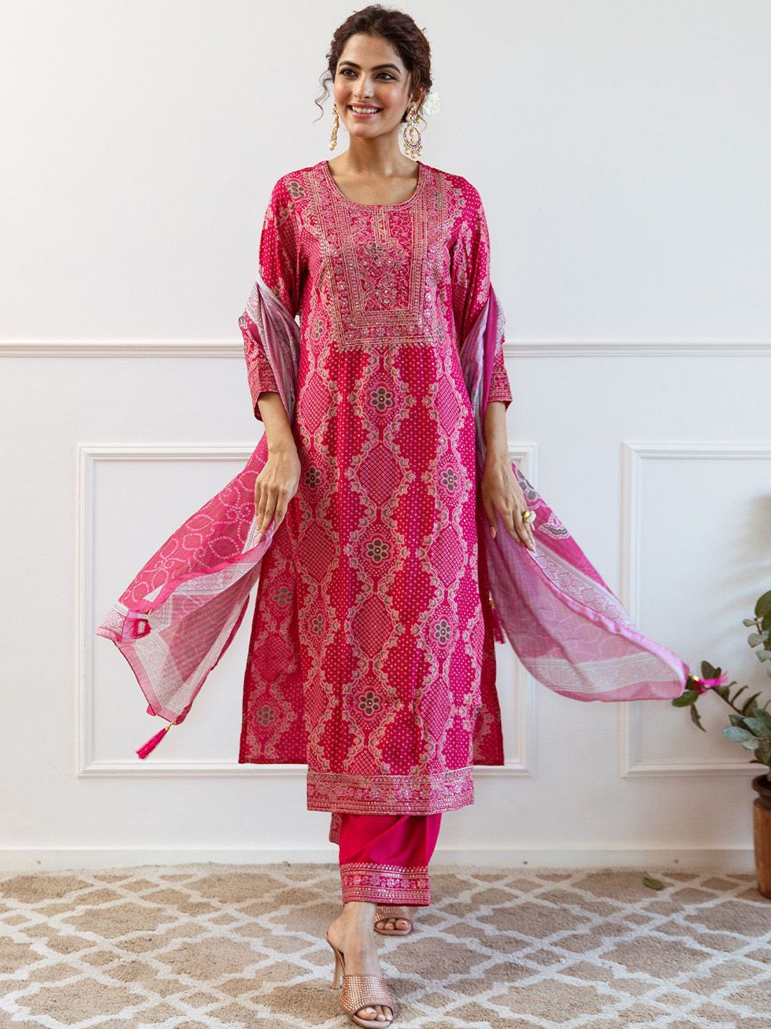 Dhiyona IS Women's Floral Embroidered Sequinned Kurta With Palazzos & Dupatta