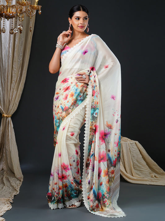 Women's Georgette Multicolored Digital Print Designer Saree With Blouse Piece