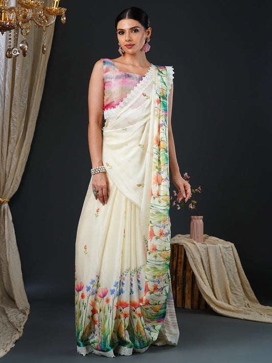 Women's Georgette Multicolored Digital Print Designer Saree With Blouse Piece