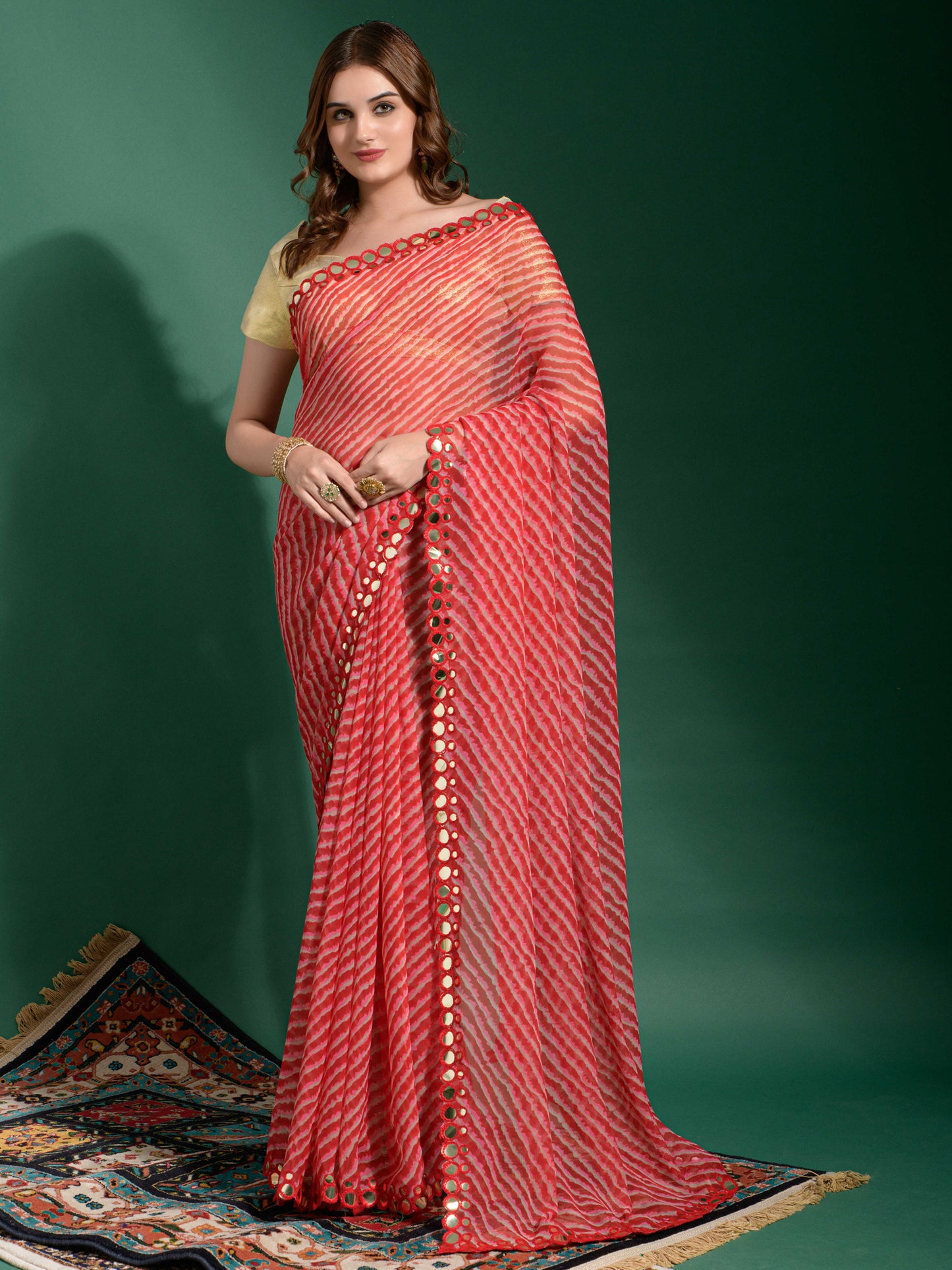 Women's Chiffon Red Embellished Designer Saree With Blouse Piece