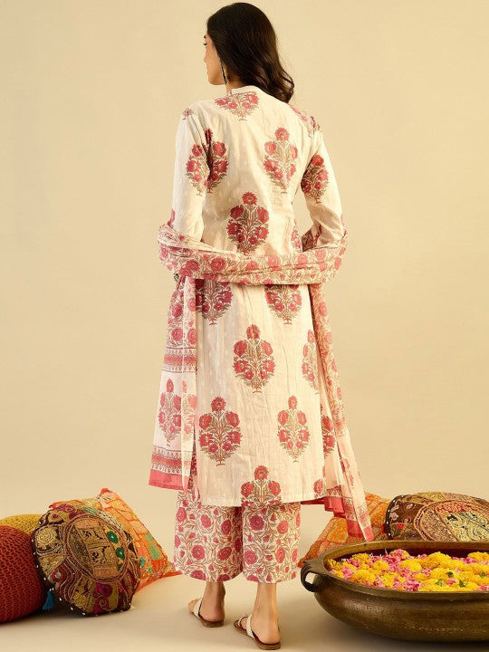 Women's Ethnic Motifs Embroidered Anarkali Pure Cotton Kurta with Palazzos & With Dupatta