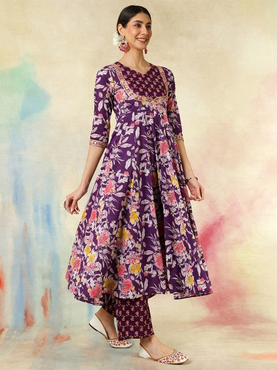 Women's Floral Printed V-Neck Pure Cotton Kurta With Palazzos And Dupatta