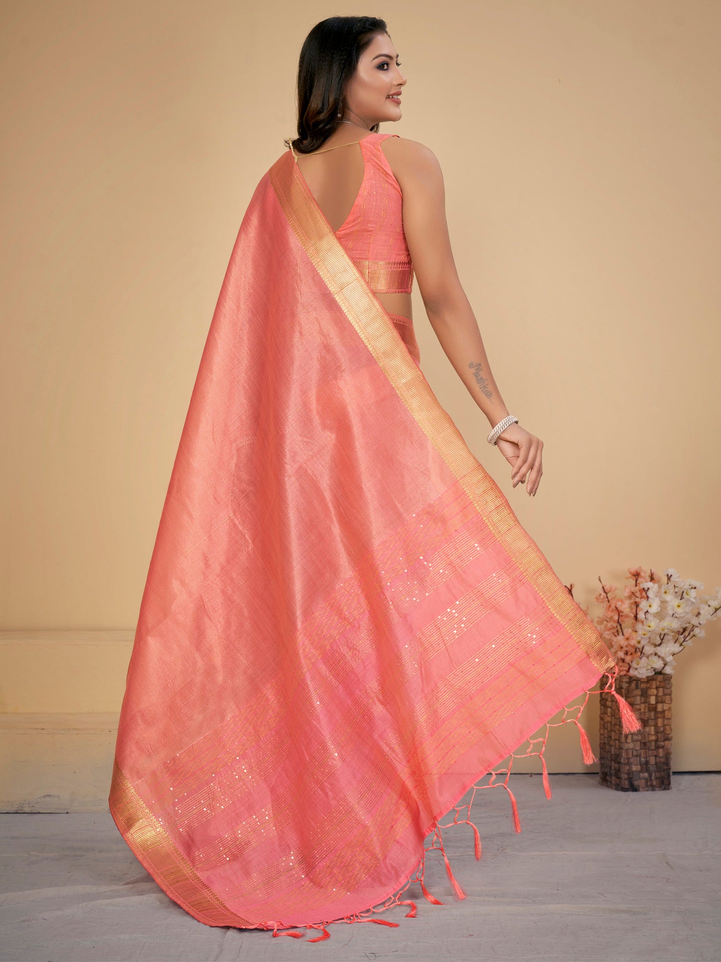Women's Cotton Silk Peach Embellished Designer Saree With Blouse Piece