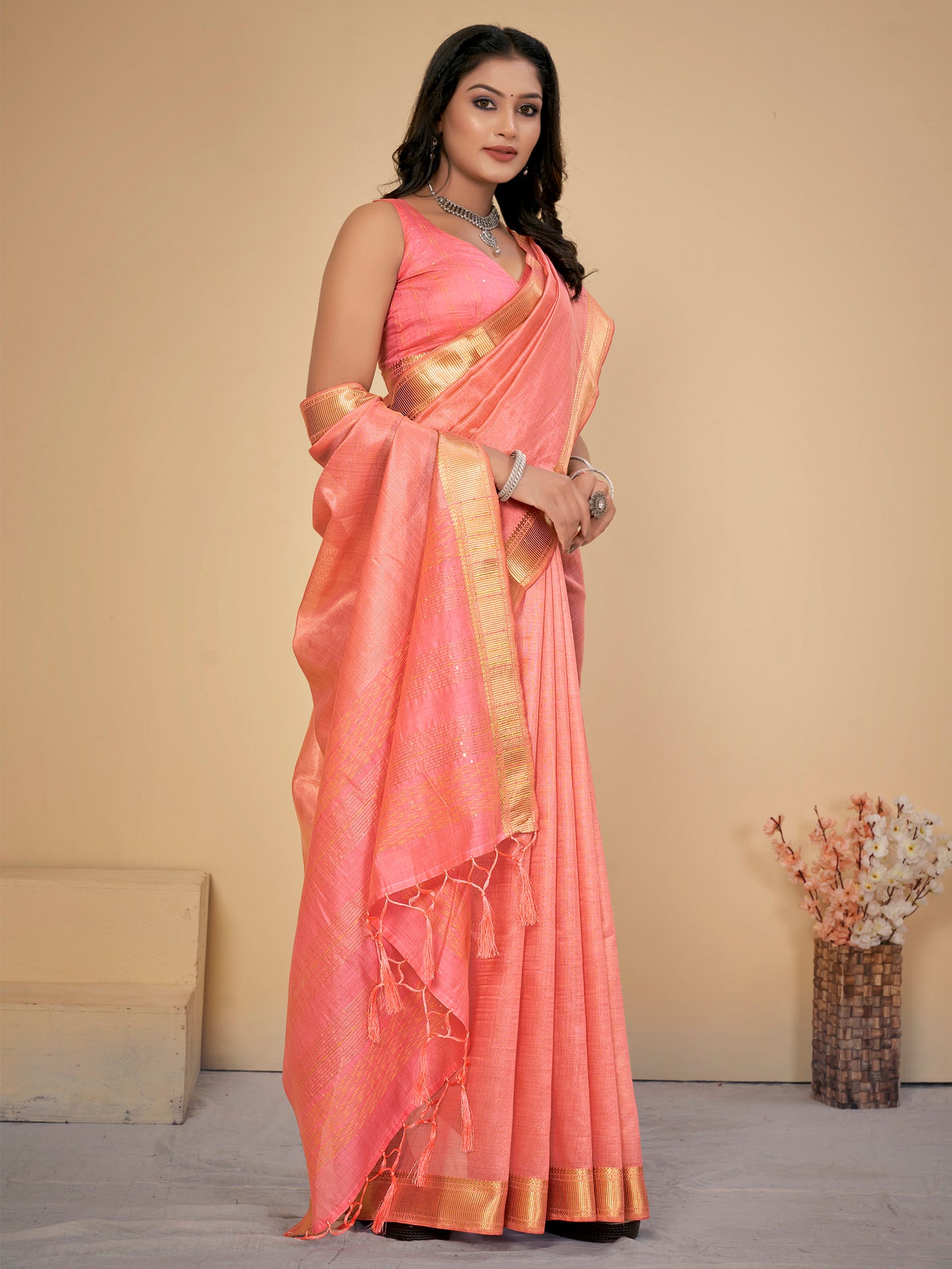 Women's Cotton Silk Peach Embellished Designer Saree With Blouse Piece