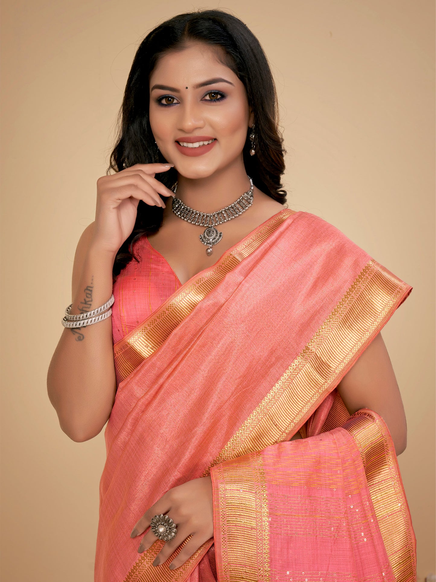 Women's Cotton Silk Peach Embellished Designer Saree With Blouse Piece
