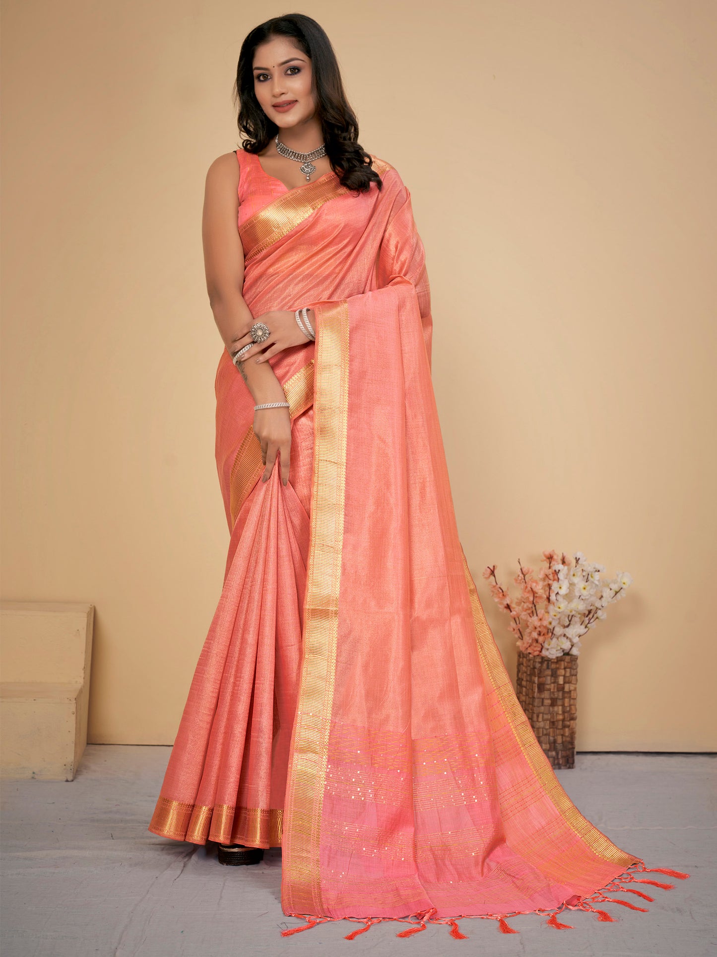 Women's Cotton Silk Peach Embellished Designer Saree With Blouse Piece