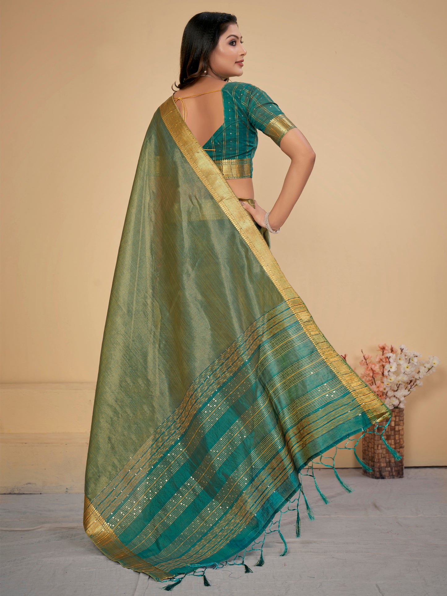 Women's Cotton Silk Sea Green Embellished Designer Saree With Blouse Piece