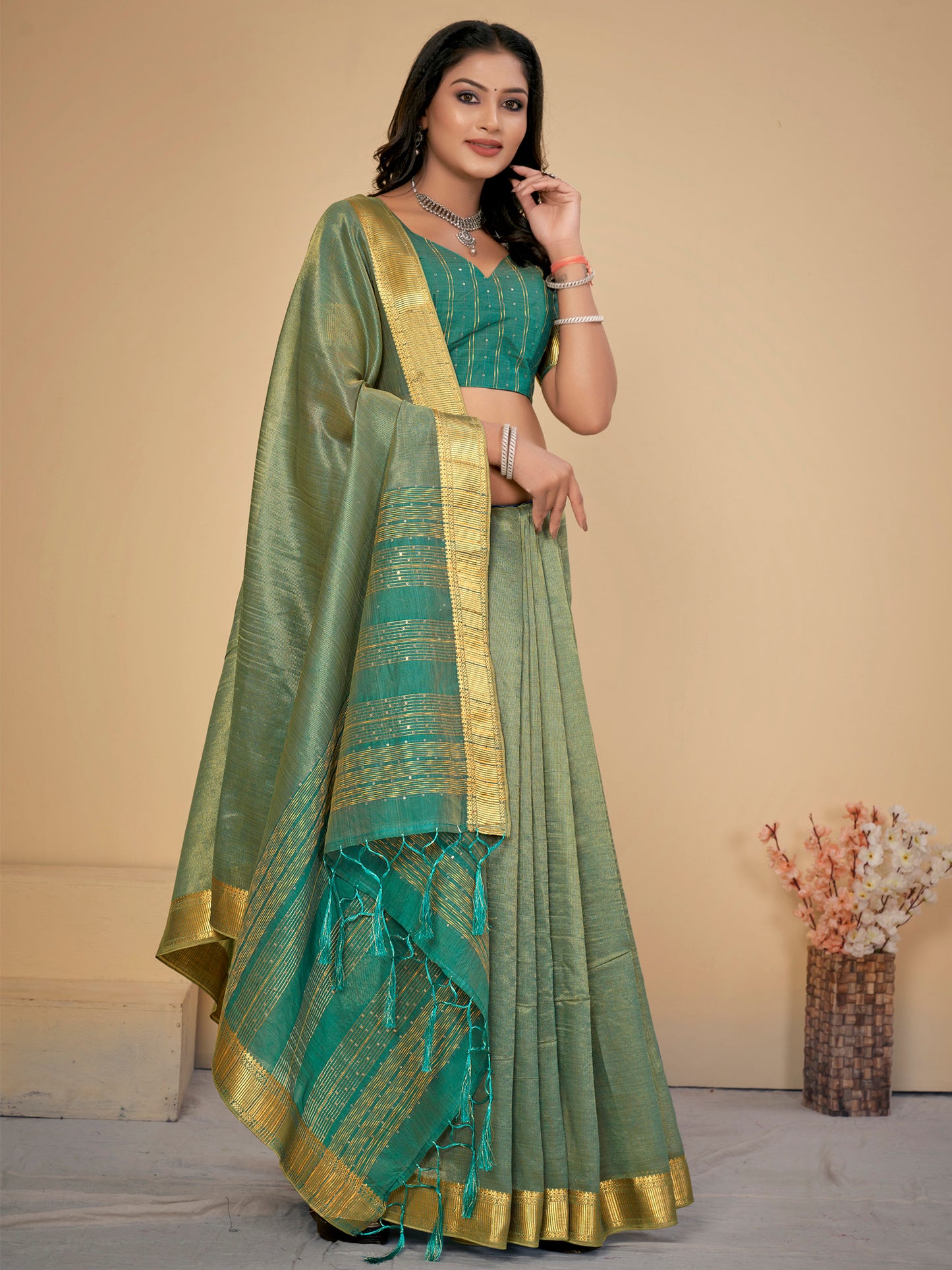 Women's Cotton Silk Sea Green Embellished Designer Saree With Blouse Piece
