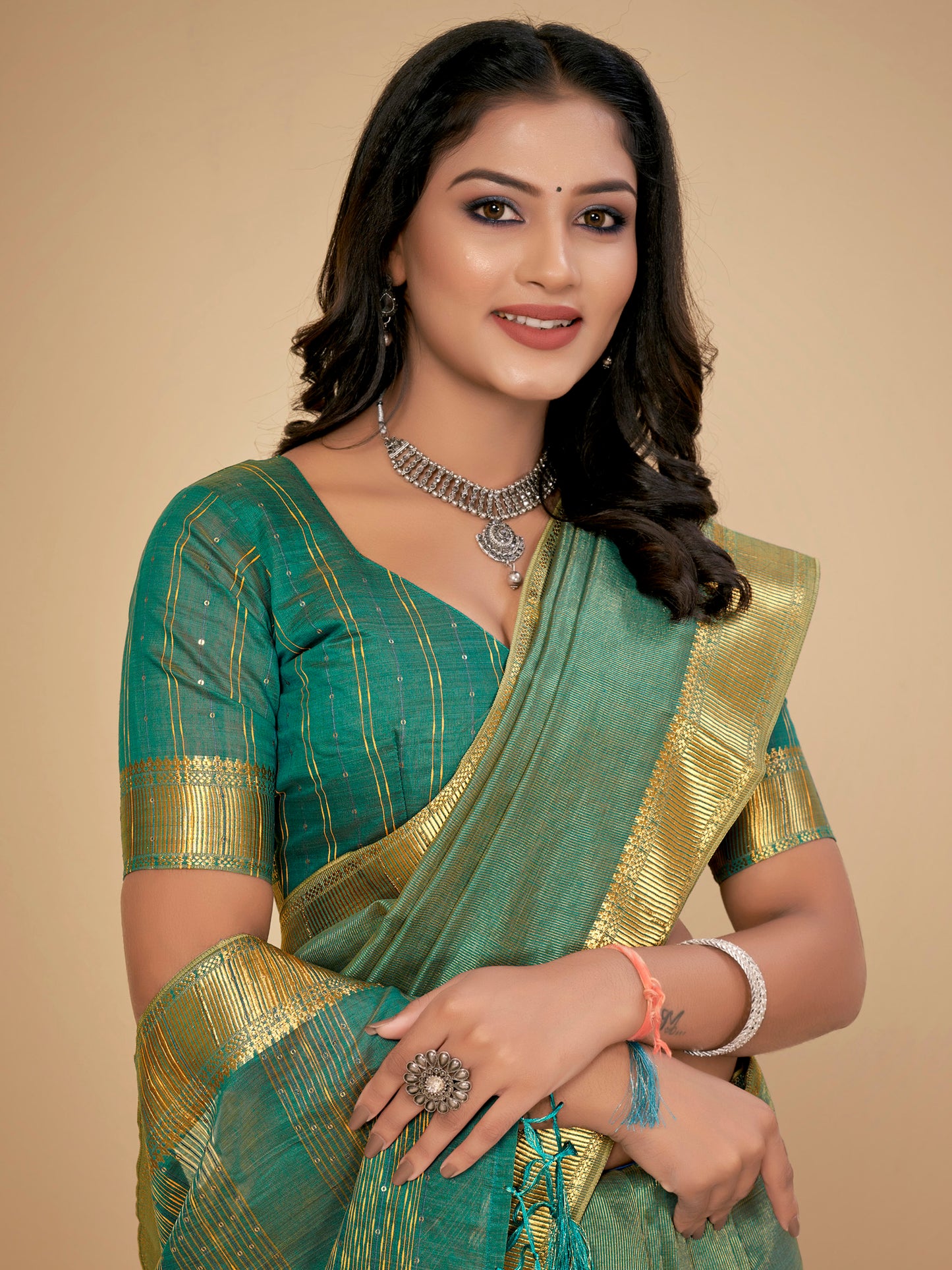 Women's Cotton Silk Sea Green Embellished Designer Saree With Blouse Piece