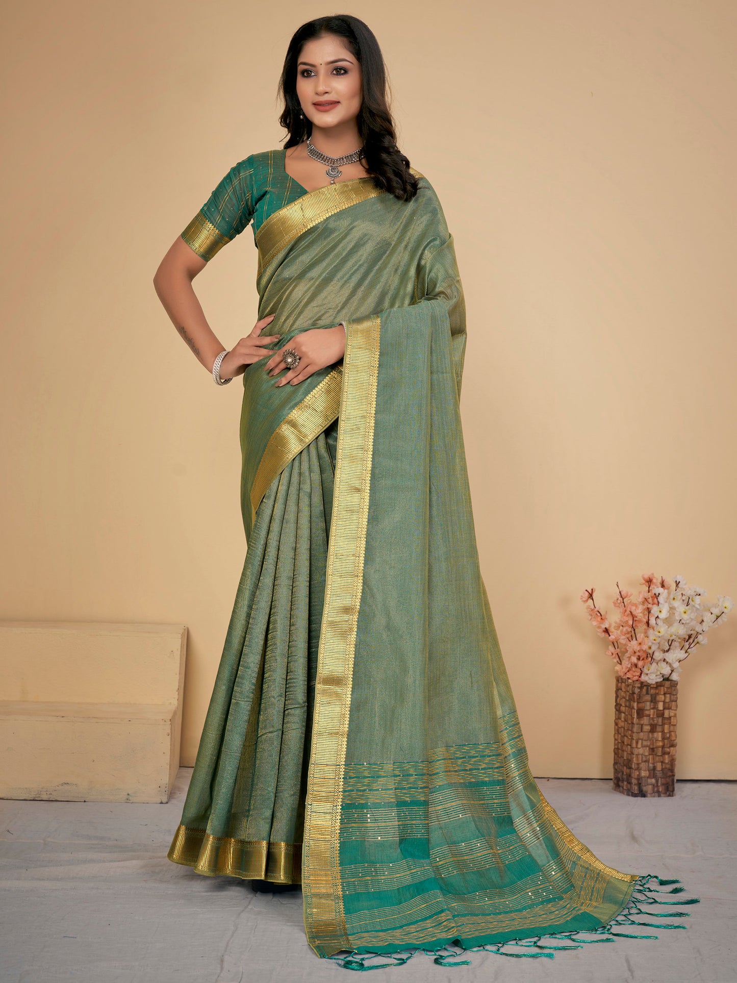 Women's Cotton Silk Sea Green Embellished Designer Saree With Blouse Piece