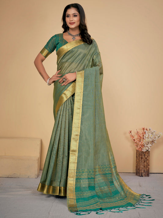Women's Cotton Silk Sea Green Embellished Designer Saree With Blouse Piece