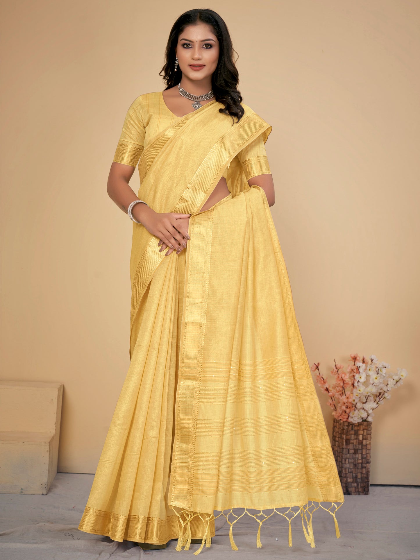 Women's Cotton Silk Yellow Embellished Designer Saree With Blouse Piece
