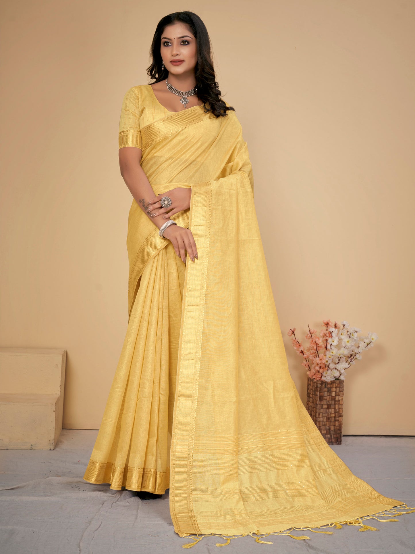 Women's Cotton Silk Yellow Embellished Designer Saree With Blouse Piece