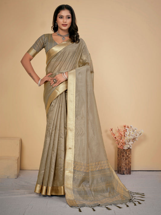 Women's Cotton Silk Grey Embellished Designer Saree With Blouse Piece