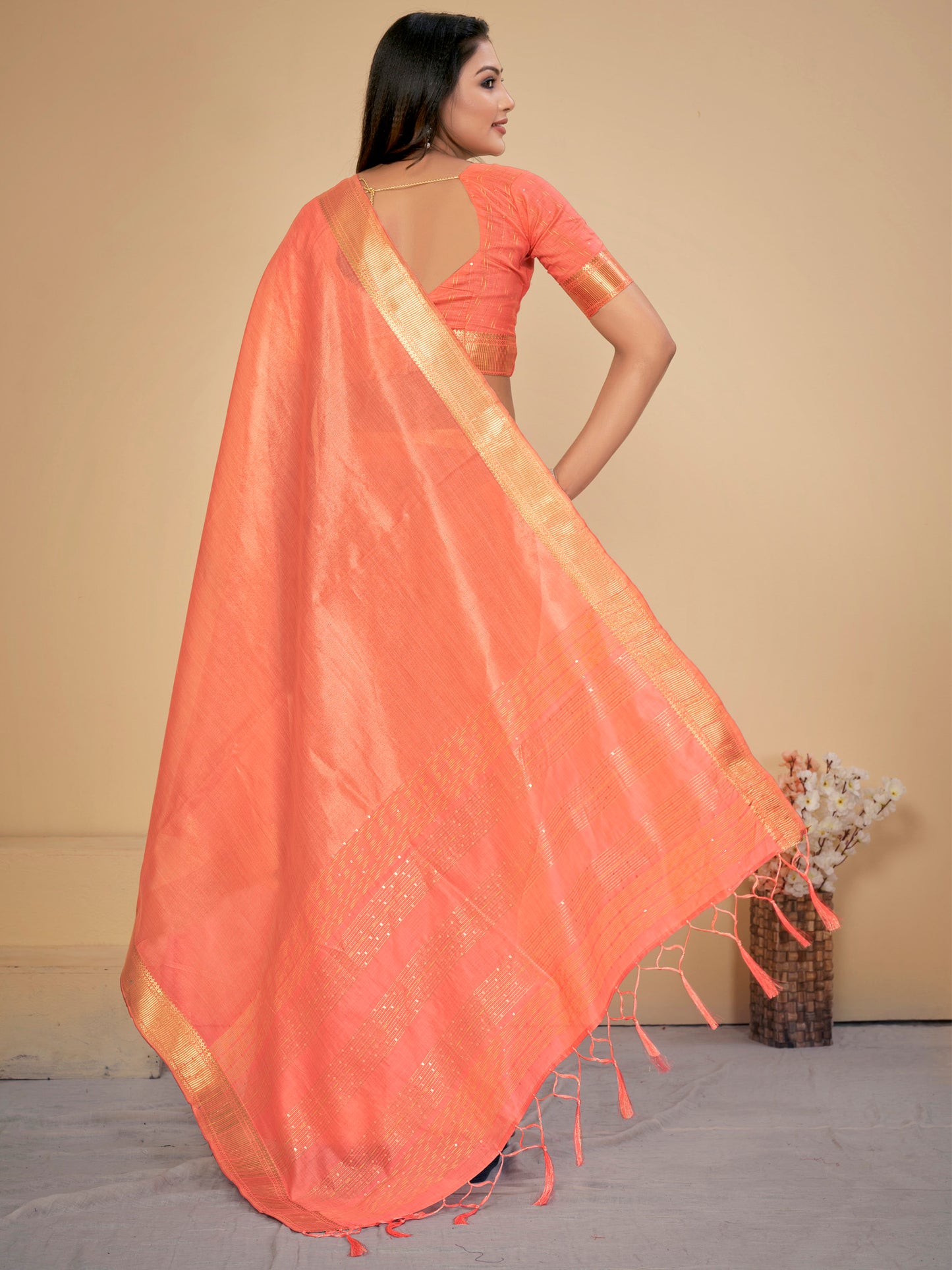Women's Cotton Silk Peach Embellished Designer Saree With Blouse Piece