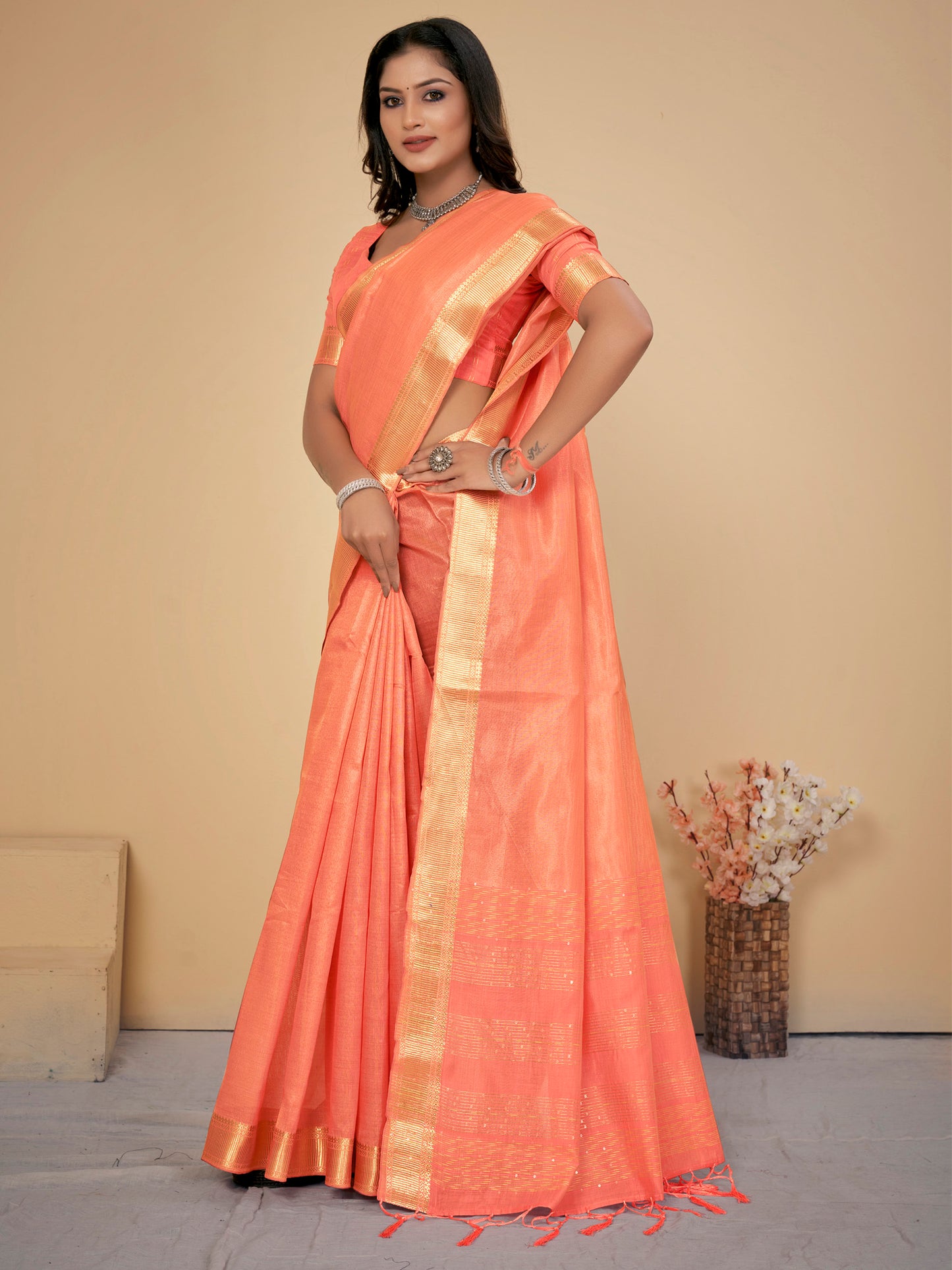 Women's Cotton Silk Peach Embellished Designer Saree With Blouse Piece