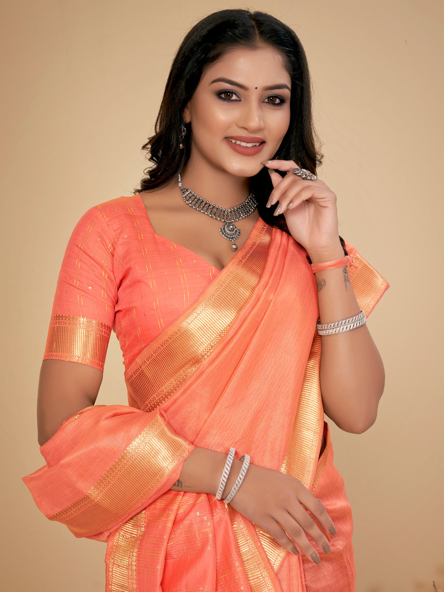 Women's Cotton Silk Peach Embellished Designer Saree With Blouse Piece