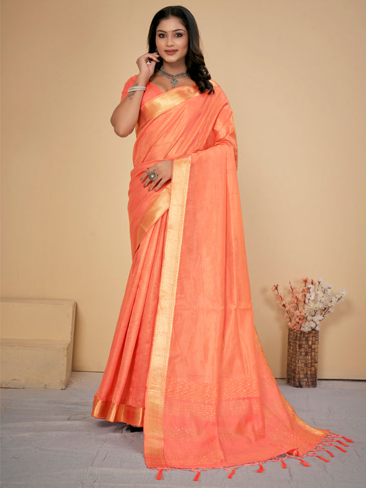 Women's Cotton Silk Peach Embellished Designer Saree With Blouse Piece