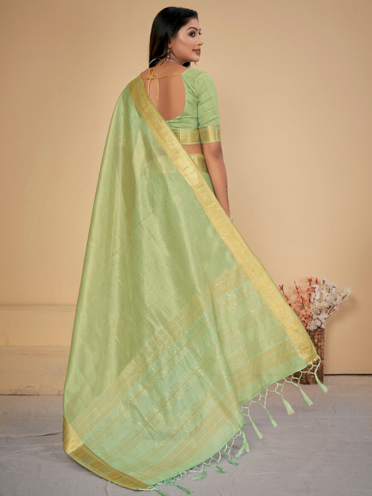 Women's Cotton Silk Light Green Embellished Designer Saree With Blouse Piece