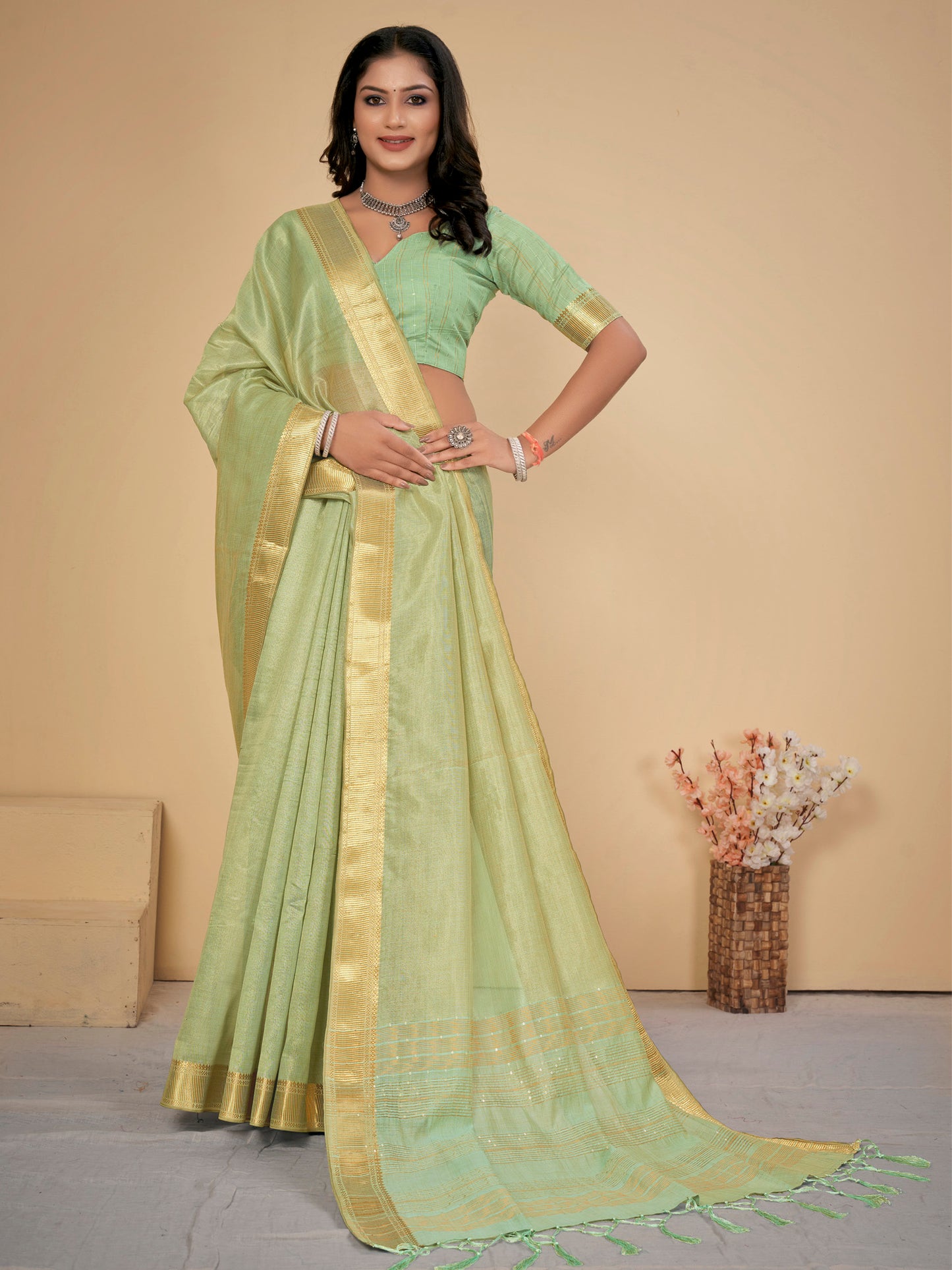 Women's Cotton Silk Light Green Embellished Designer Saree With Blouse Piece