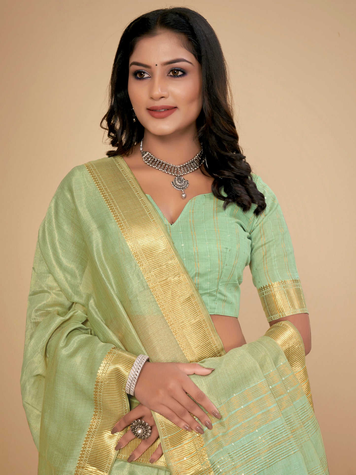 Women's Cotton Silk Light Green Embellished Designer Saree With Blouse Piece