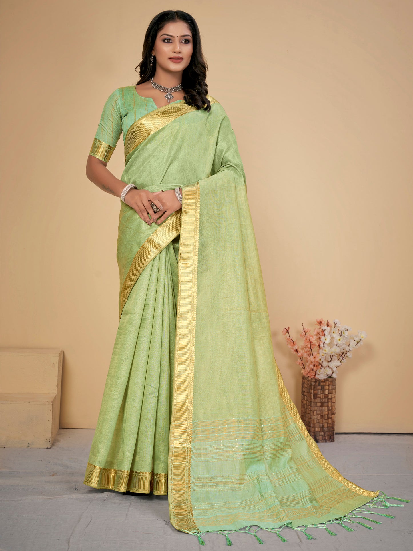 Women's Cotton Silk Light Green Embellished Designer Saree With Blouse Piece