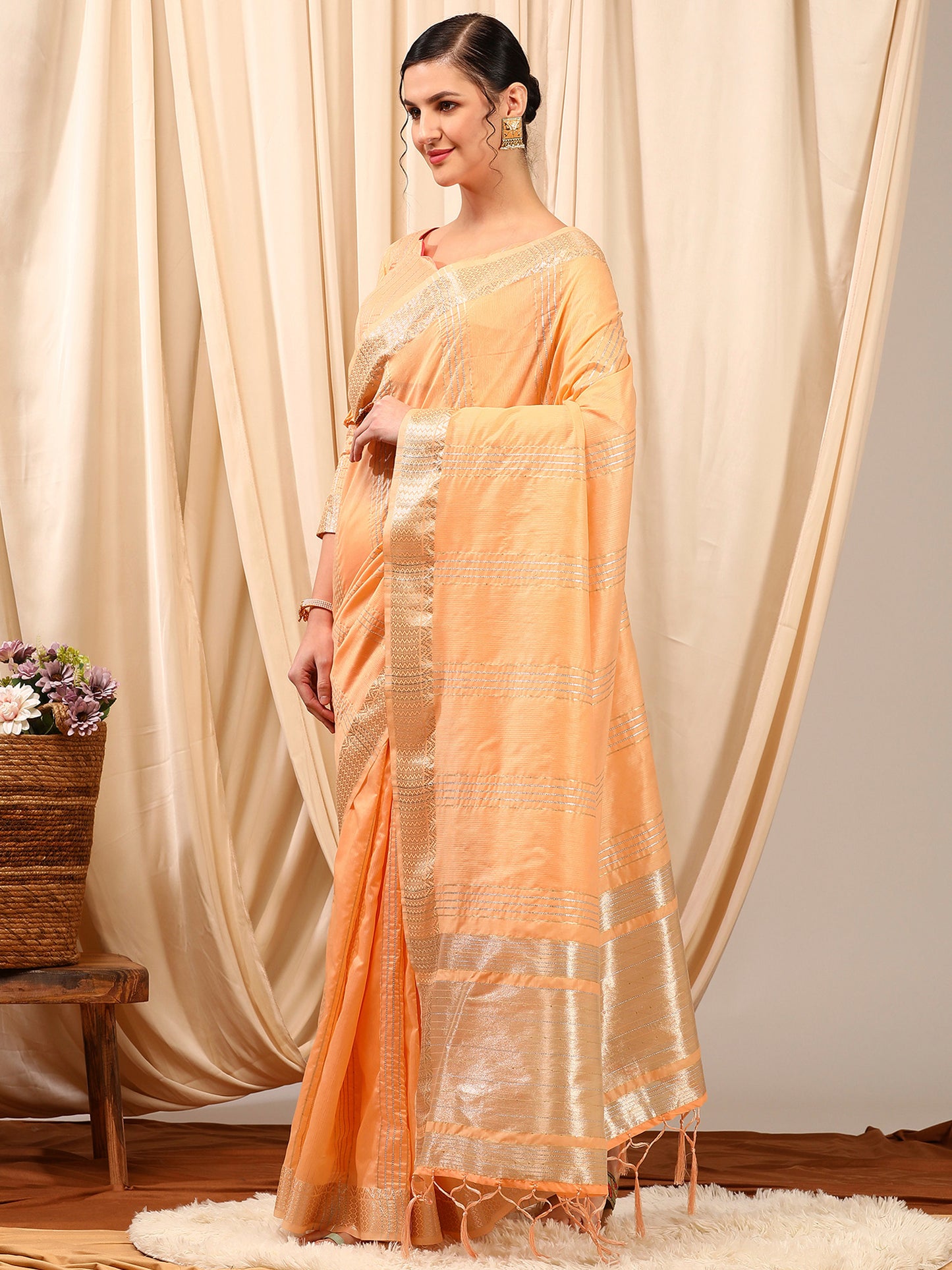 Women's Linen Peach Woven Design Designer Saree With Blouse Piece