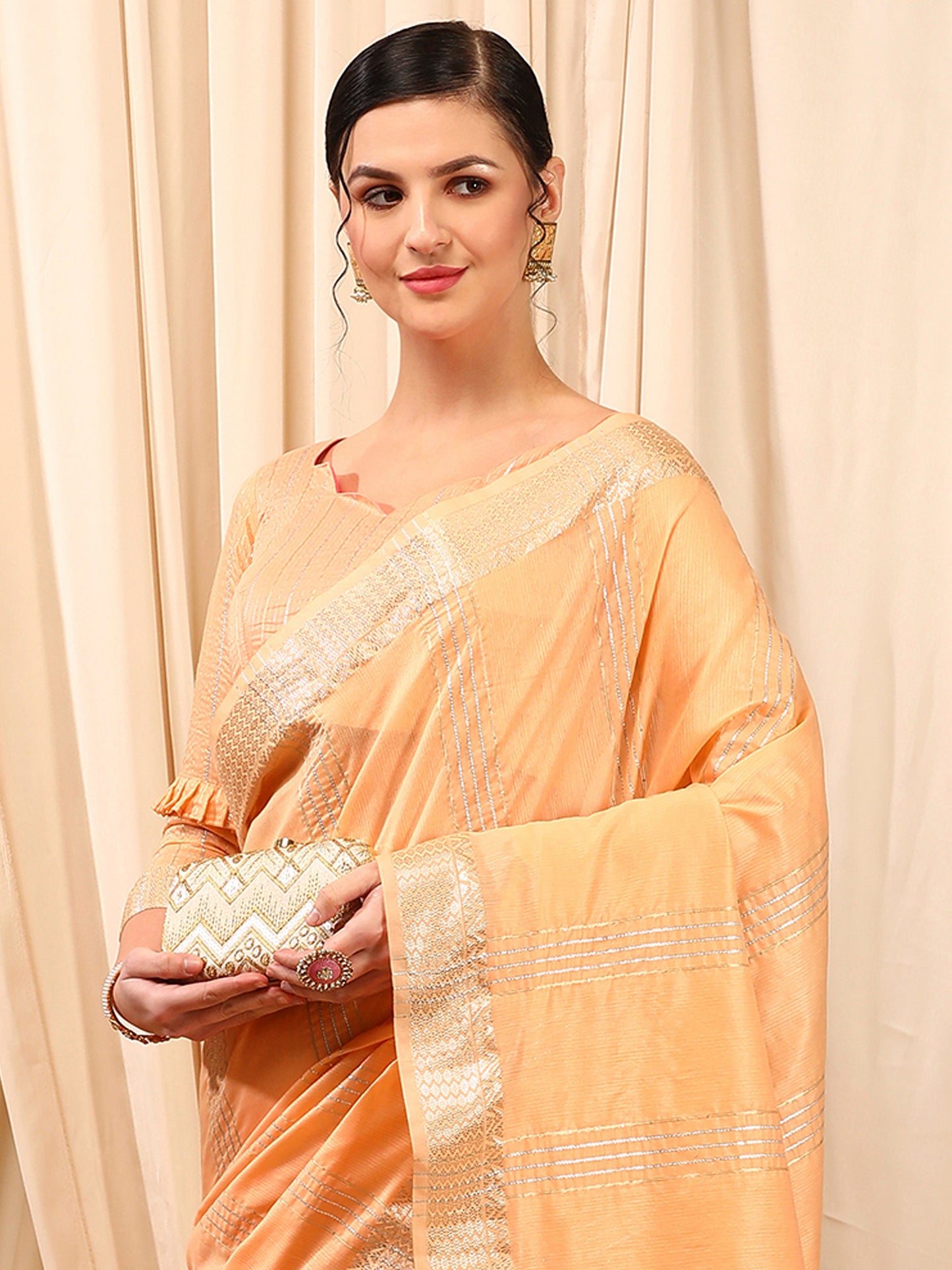Women's Linen Peach Woven Design Designer Saree With Blouse Piece