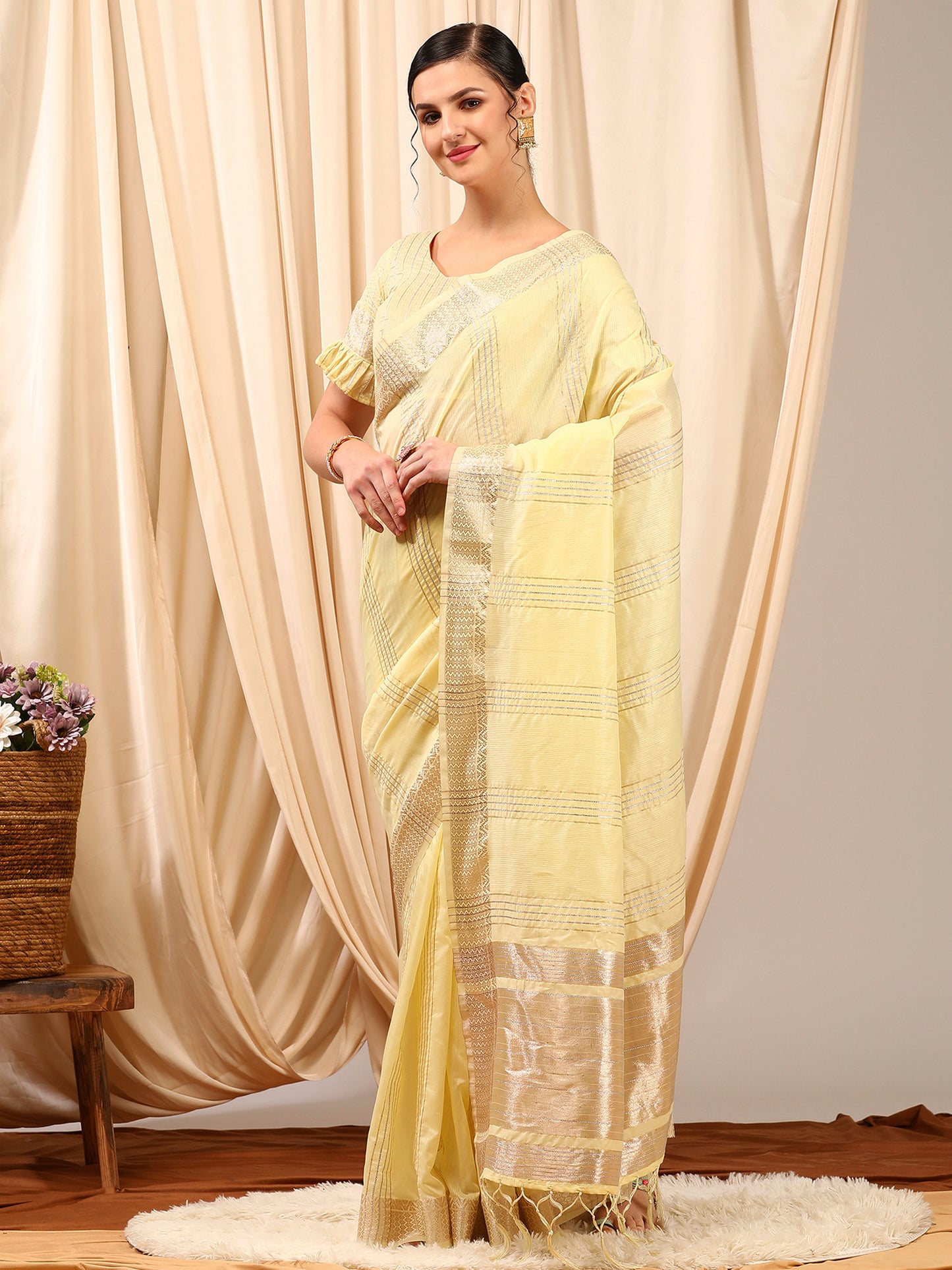 Women's Linen Yellow Woven Design Designer Saree With Blouse Piece