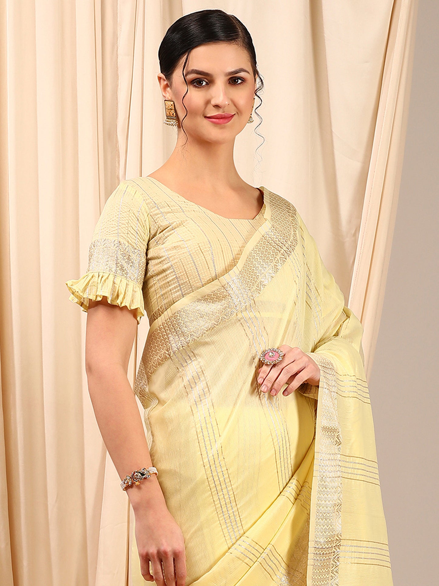 Women's Linen Yellow Woven Design Designer Saree With Blouse Piece