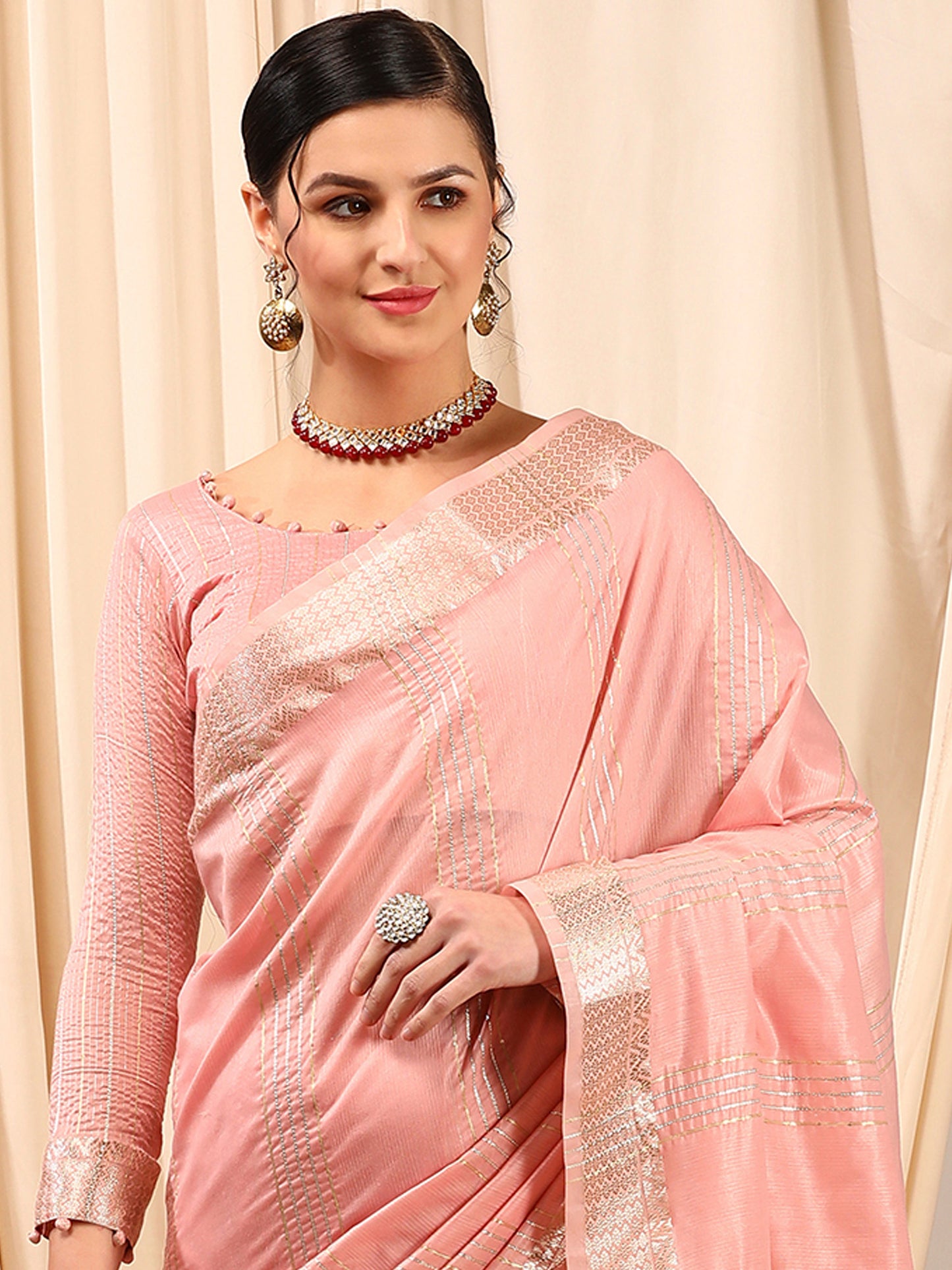 Women's Linen Pink Woven Design Designer Saree With Blouse Piece