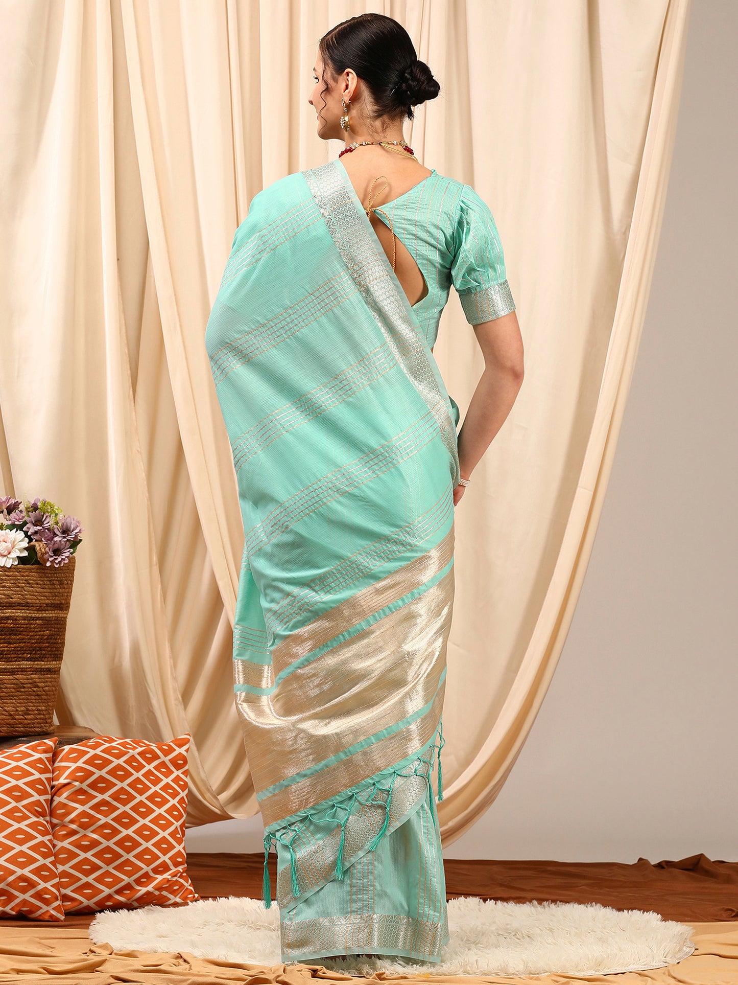 Women's Linen Turquoise Woven Design Designer Saree With Blouse Piece