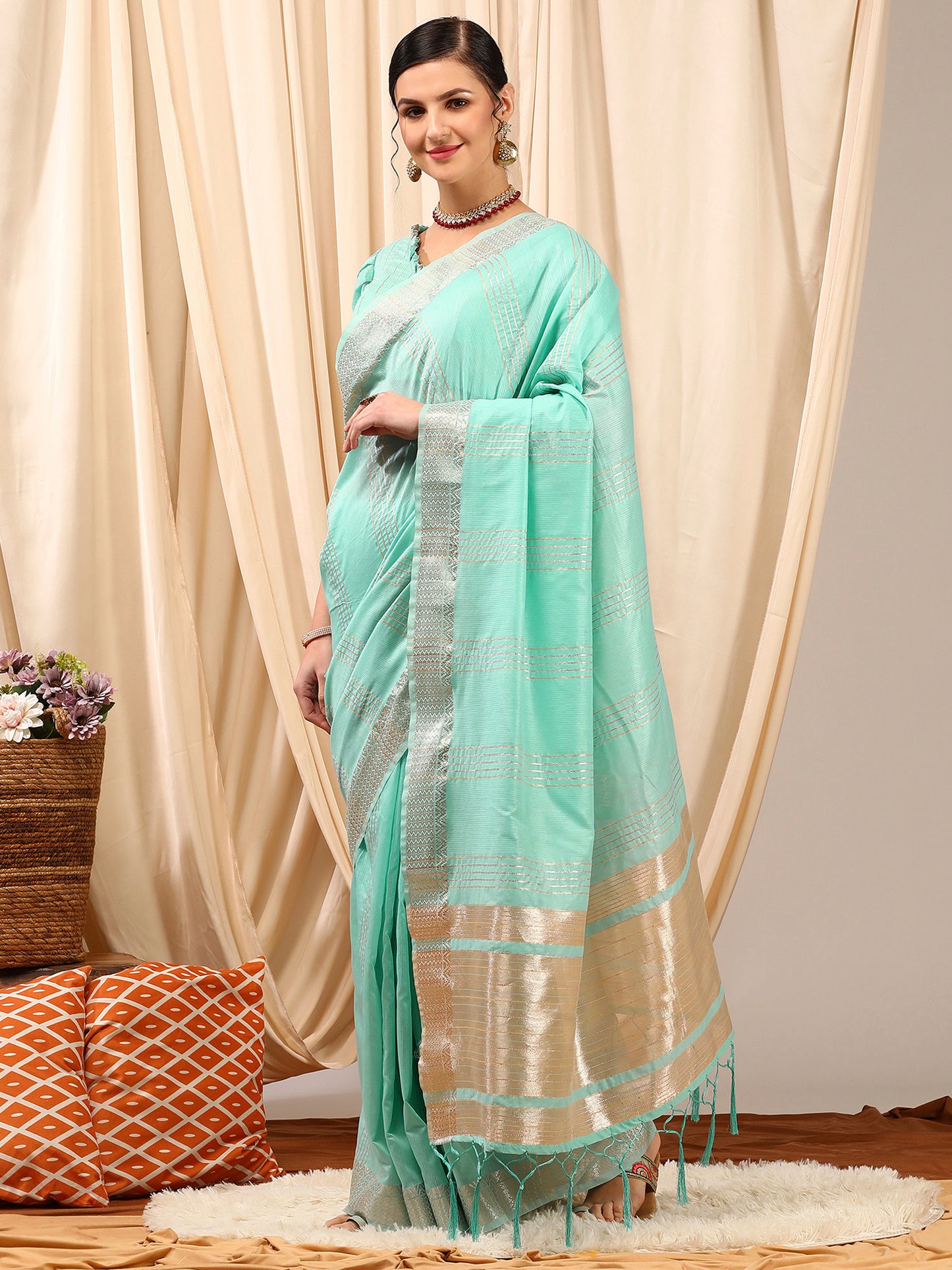 Women's Linen Turquoise Woven Design Designer Saree With Blouse Piece