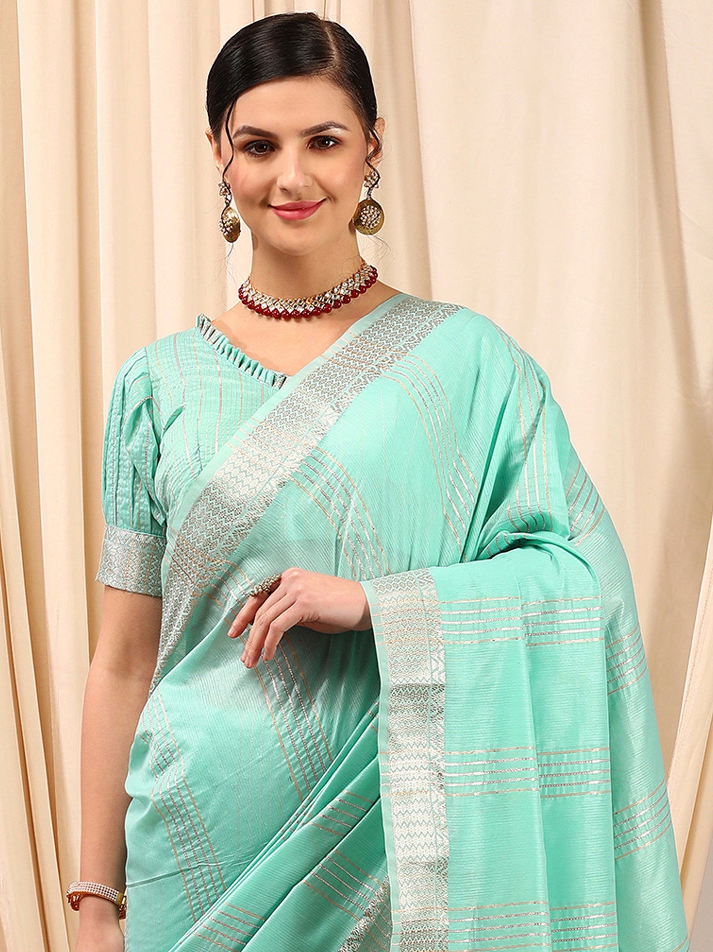 Women's Linen Turquoise Woven Design Designer Saree With Blouse Piece