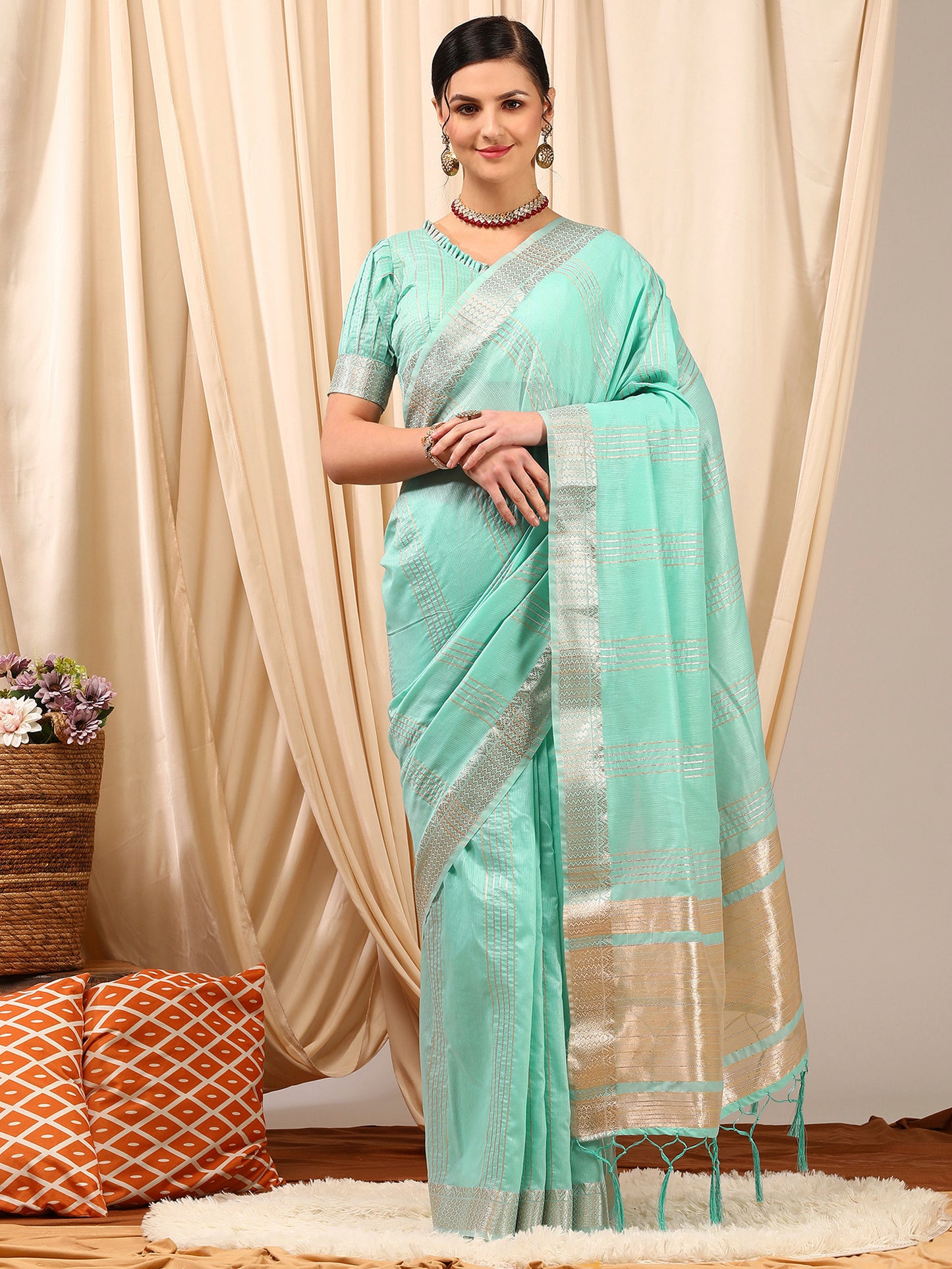 Women's Linen Turquoise Woven Design Designer Saree With Blouse Piece