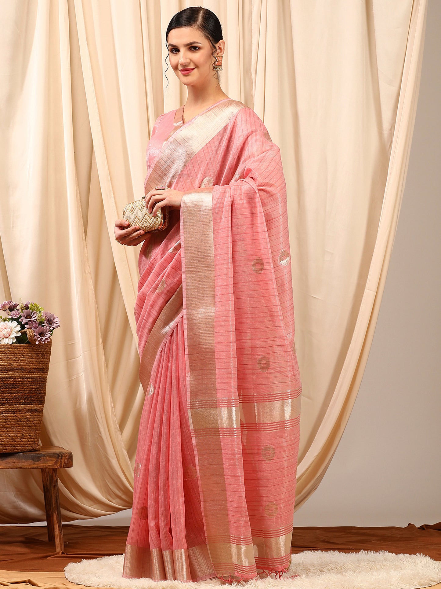 Women's Linen Pink Woven Design Designer Saree With Blouse Piece