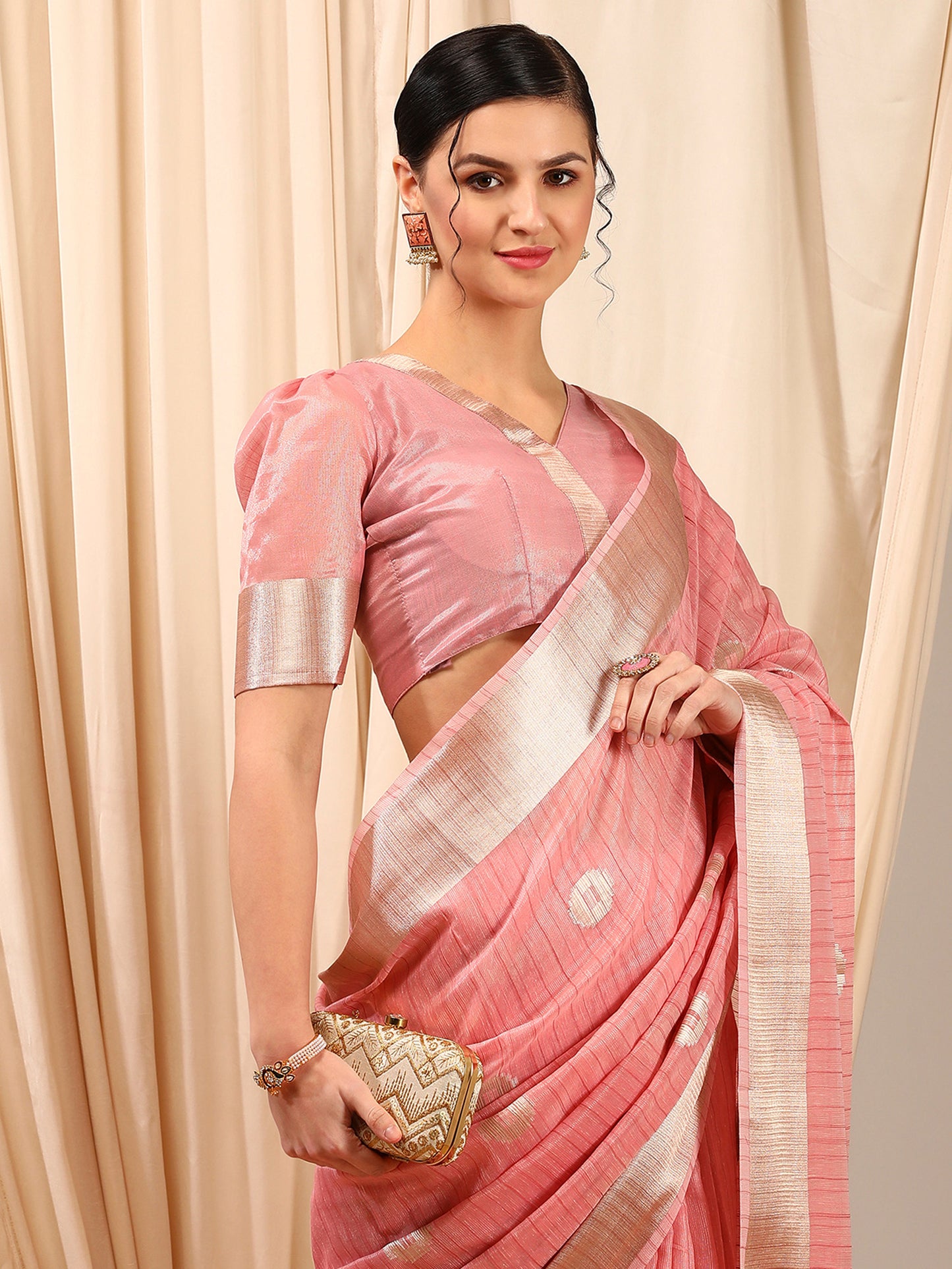 Women's Linen Pink Woven Design Designer Saree With Blouse Piece