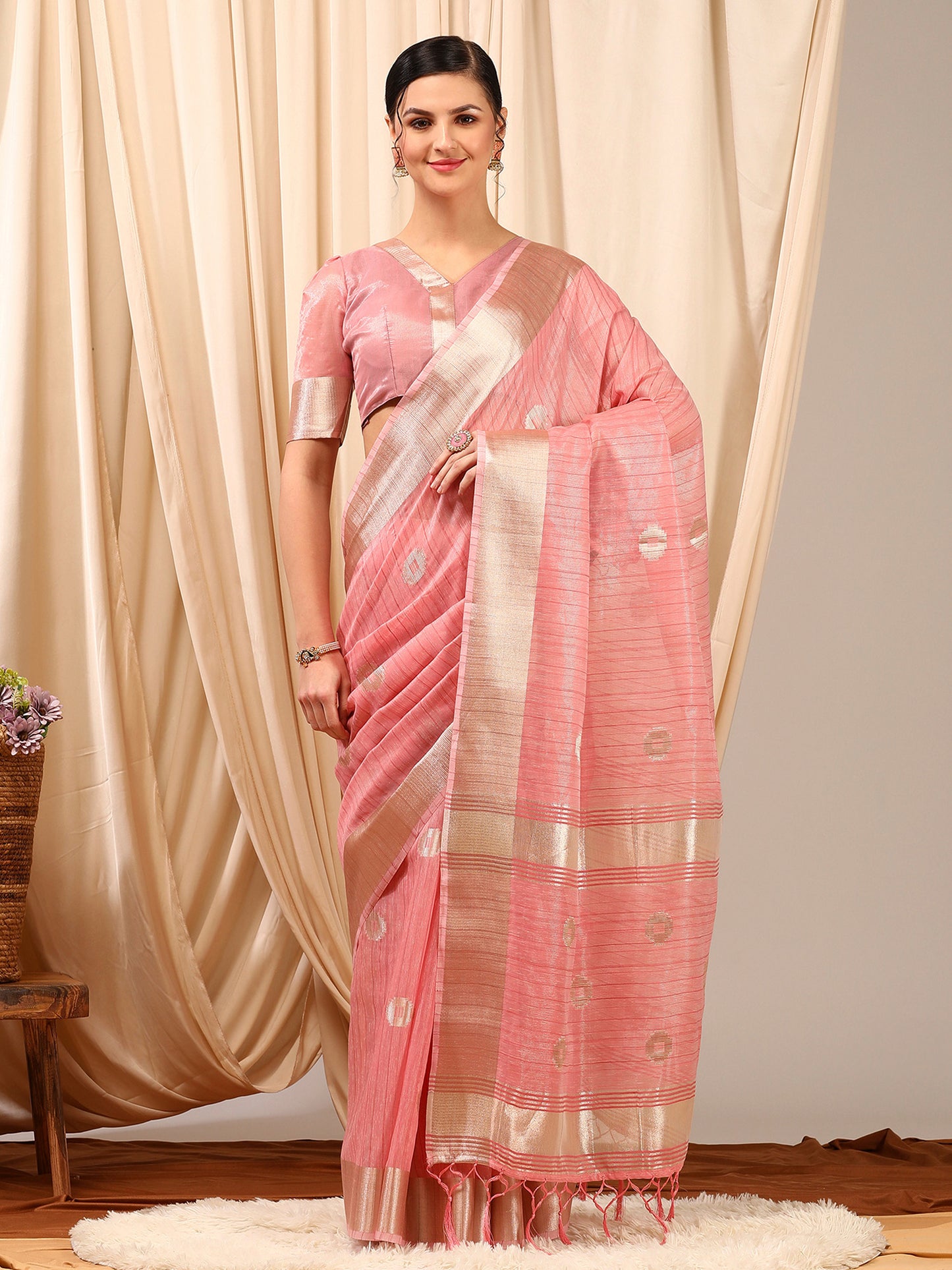 Women's Linen Pink Woven Design Designer Saree With Blouse Piece
