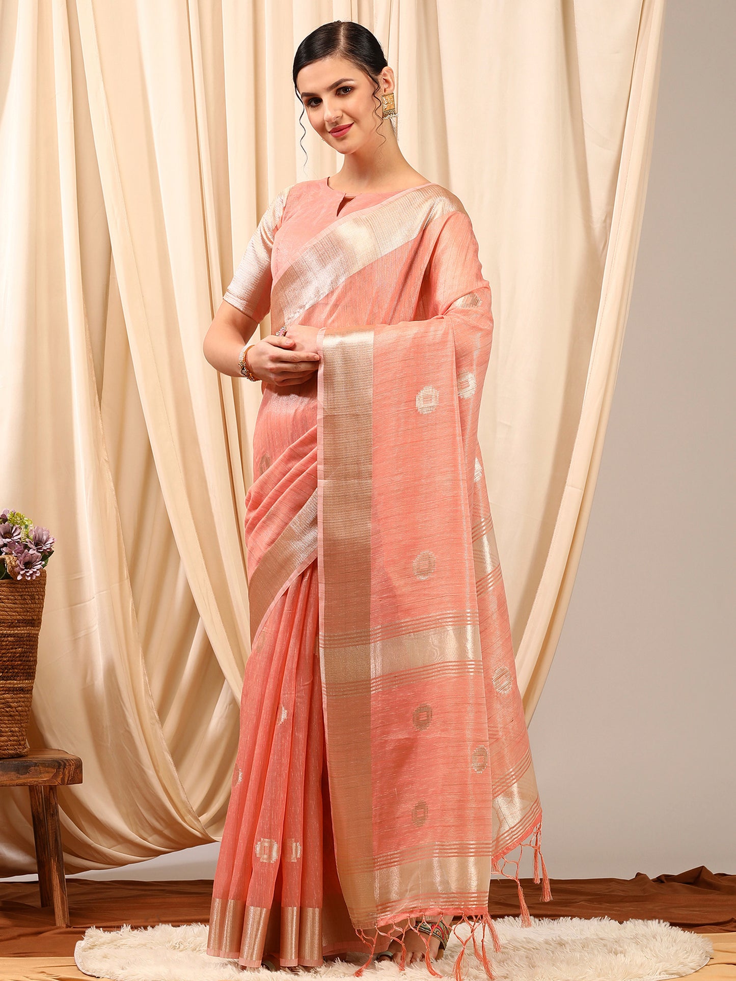 Women's Linen Peach Woven Design Designer Saree With Blouse Piece
