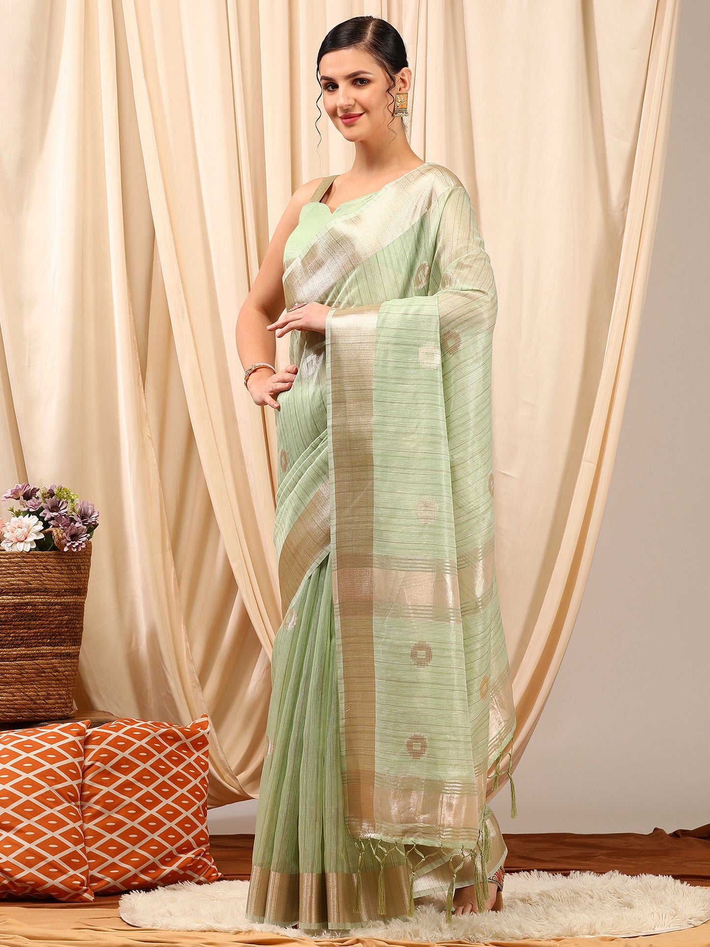Women's Linen Light Green Woven Design Designer Saree With Blouse Piece