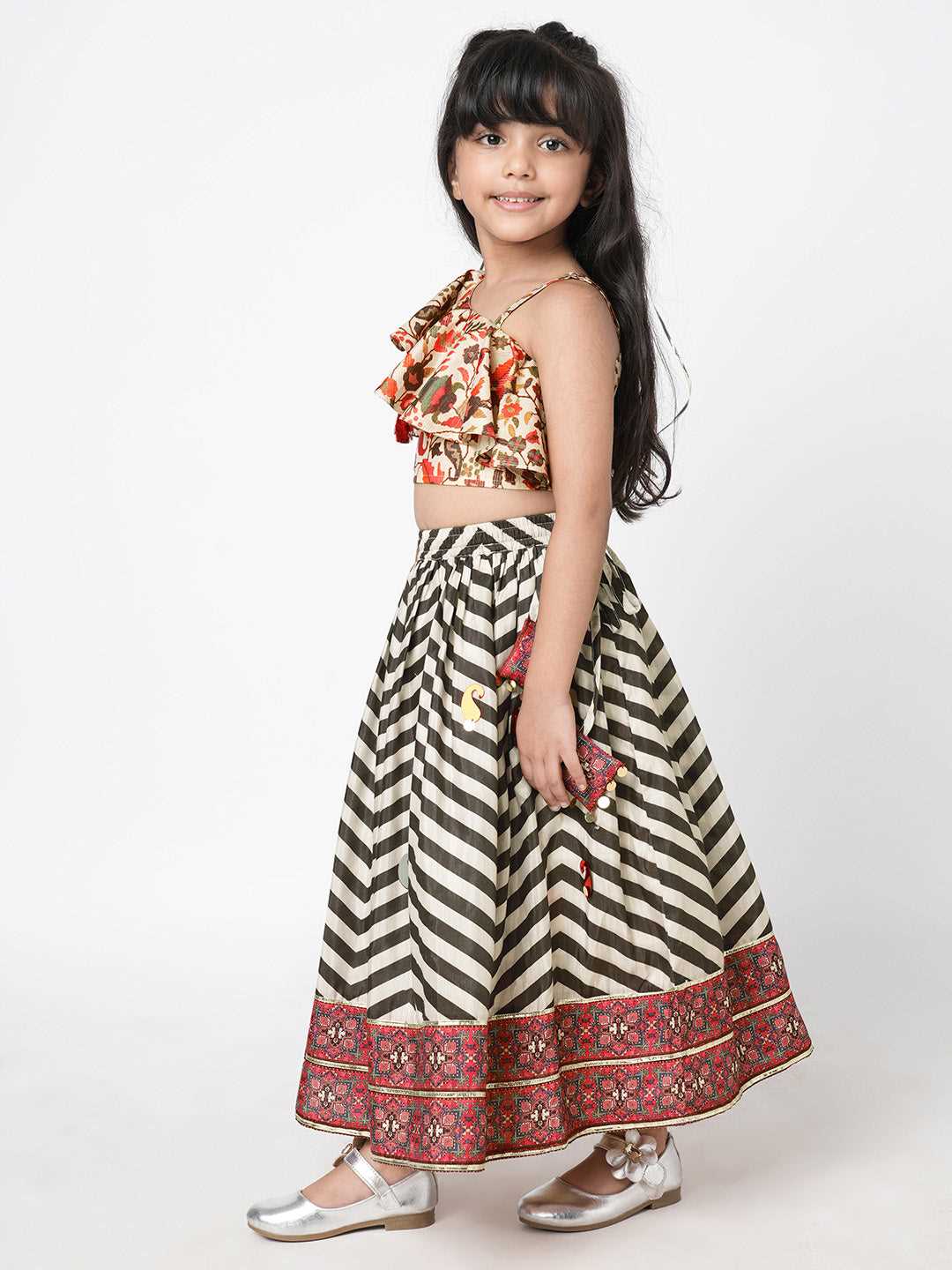 Chromatic Fusion Girls Black & White stripe Hand embroidery Lehanga Choli