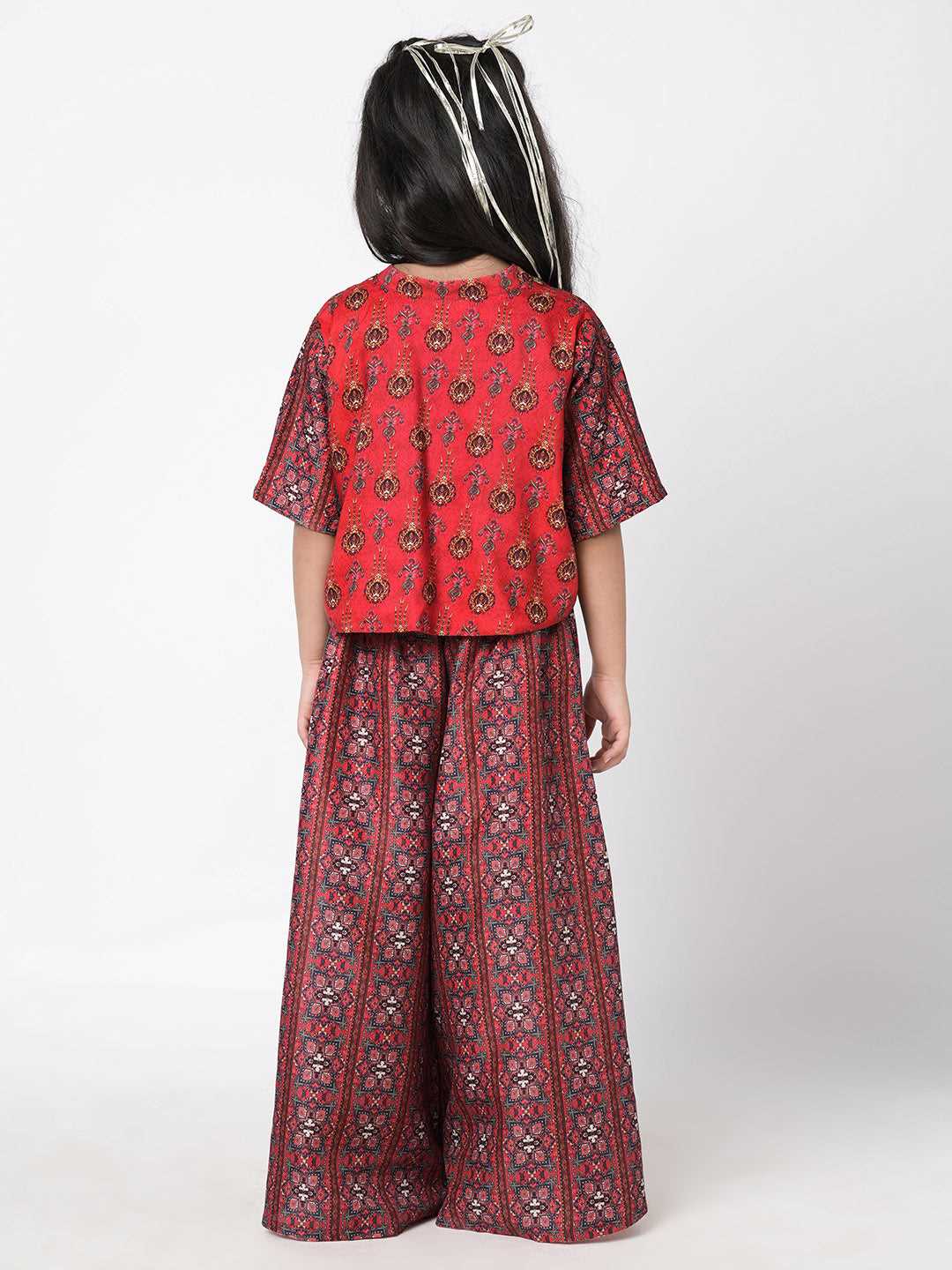 Ethnic Twist Girls Red Print Flared Palazzo with Top and Jacket Girls Co-ordinate set